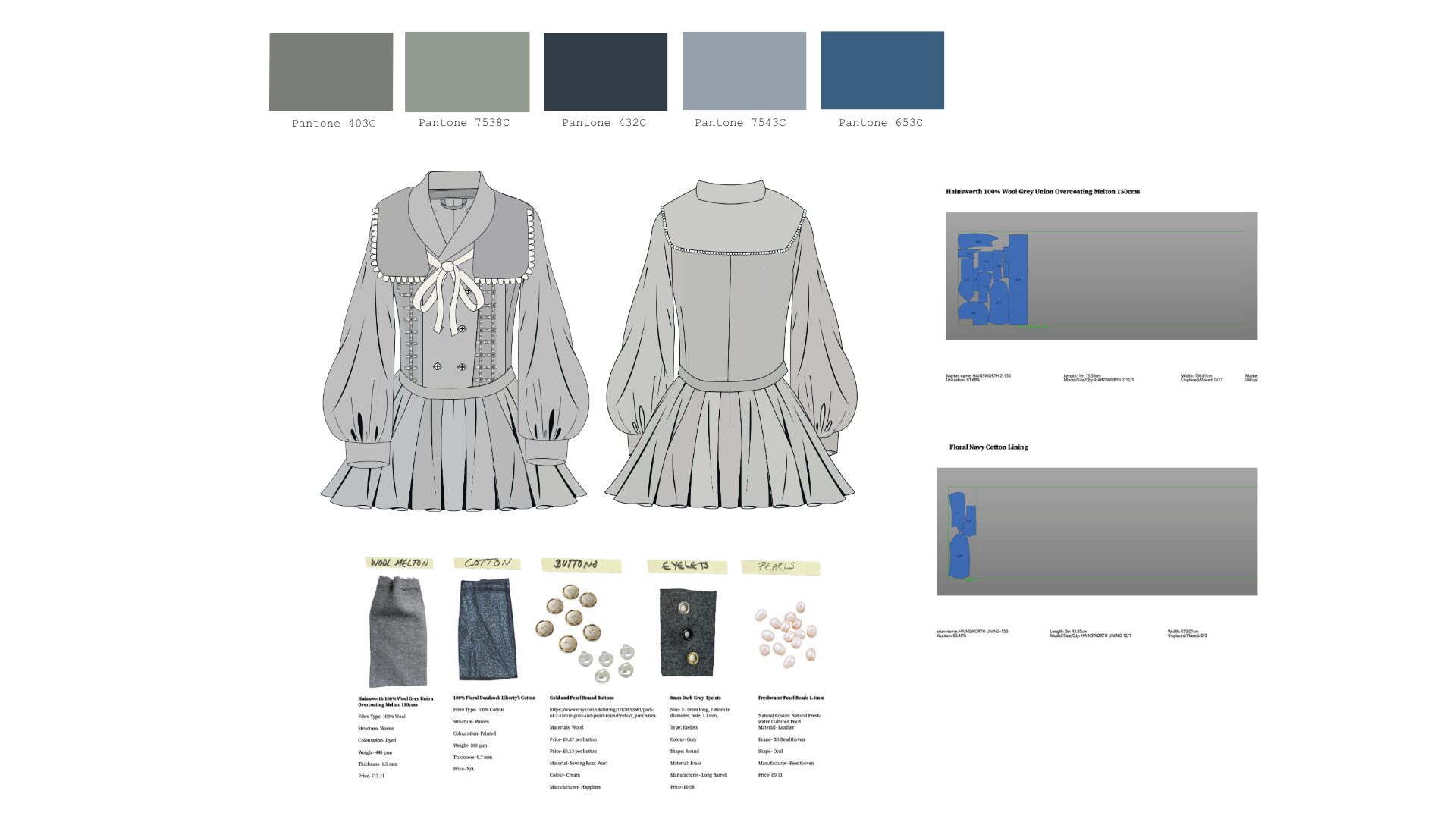 Between Seasons technical drawings — construction details, materials and pattern