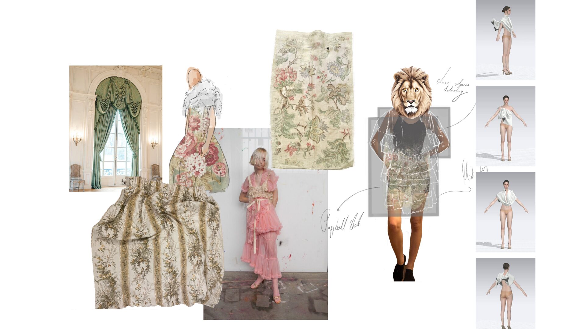 Familiar Spaces moodboard — domestic interiors, recycled materials, sustainable fashion research