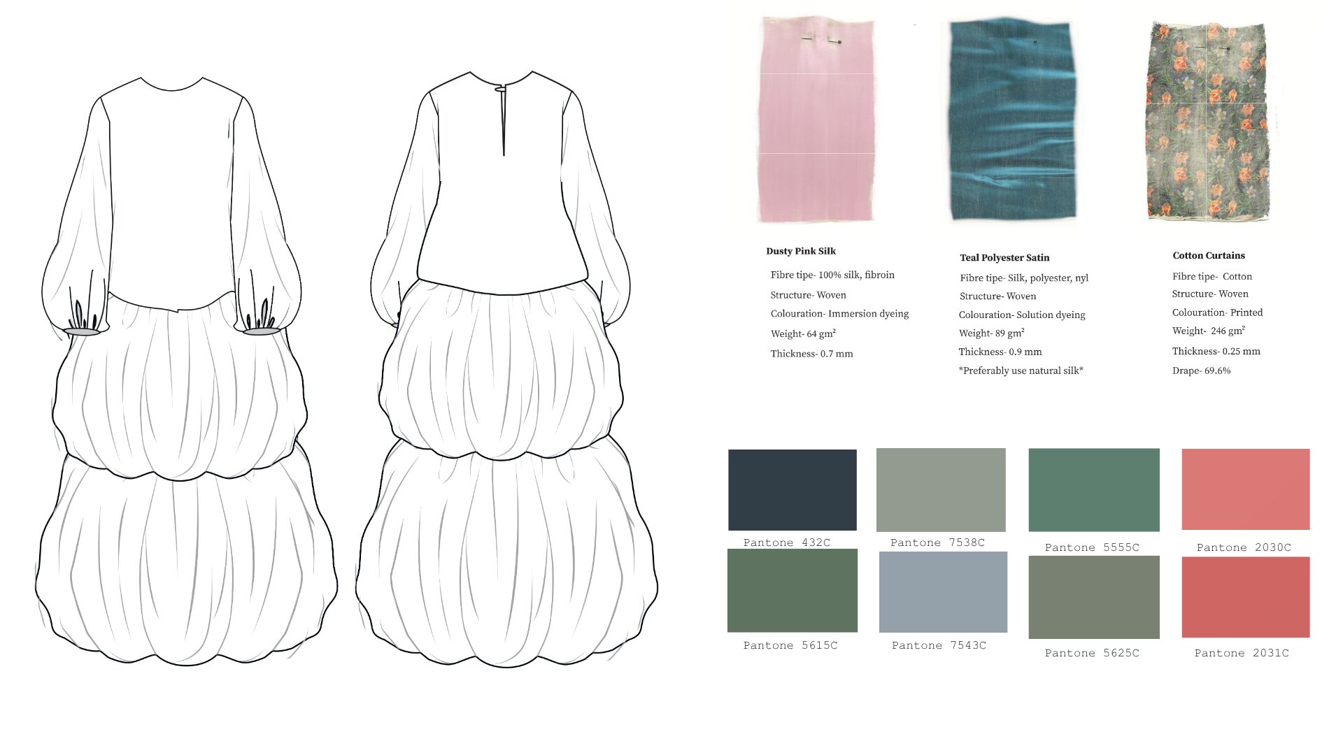 Familiar Spaces technical drawings — construction, fabric swatches and colour palette