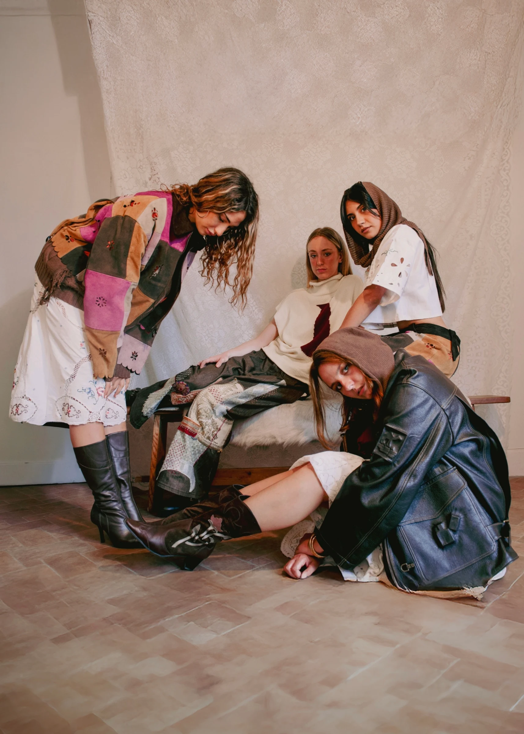 Final Collection — four models in patchwork, embroidery, leather and knitwear