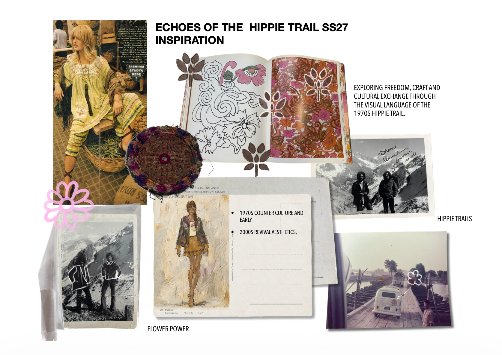 Inspiration board combining 1970s Hippie Trail photographs, floral embroidery, keepsakes and vintage clothing