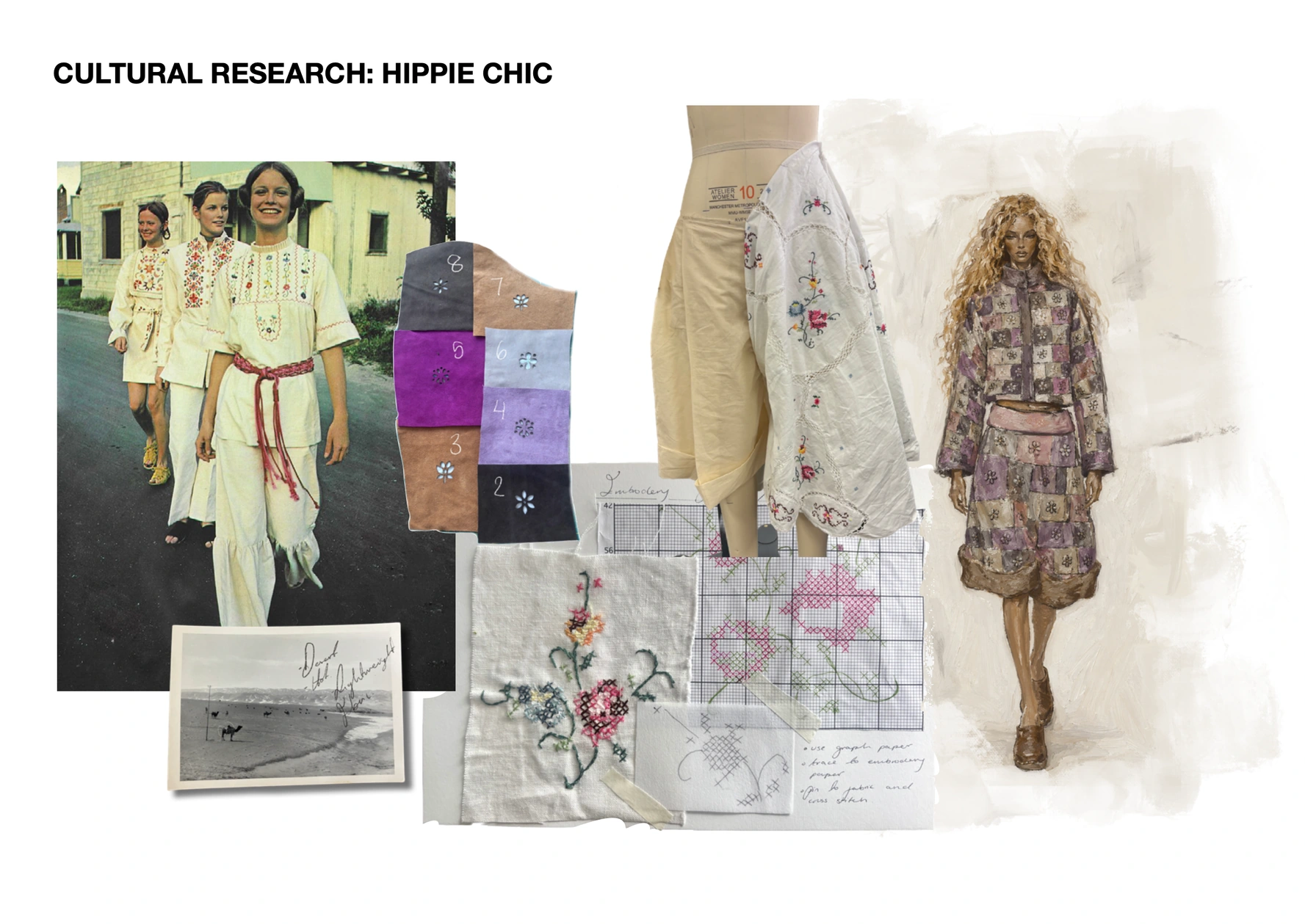 Hippie Chic research board pairing archive clothing with floral embroidery studies, suede swatches and garment sketches
