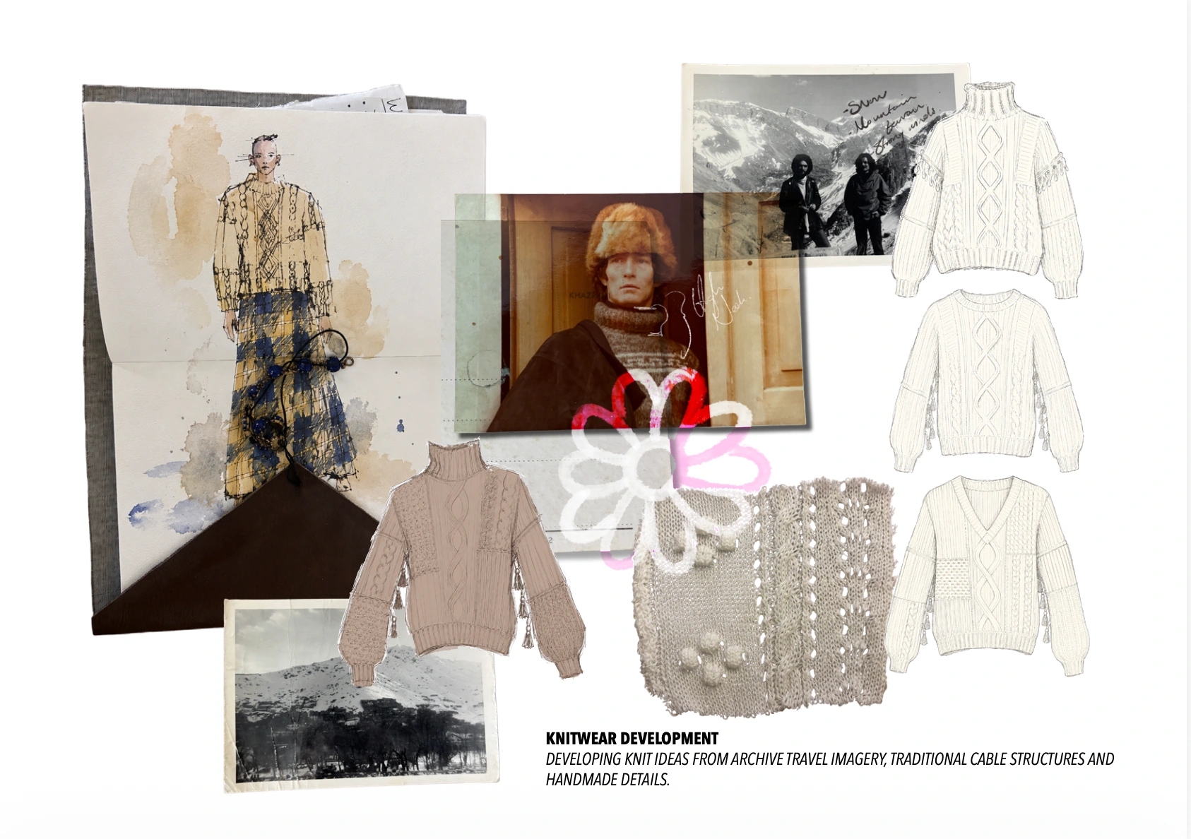 Knitwear development from archive travel photographs, traditional cable structures, knit samples and jumper illustrations