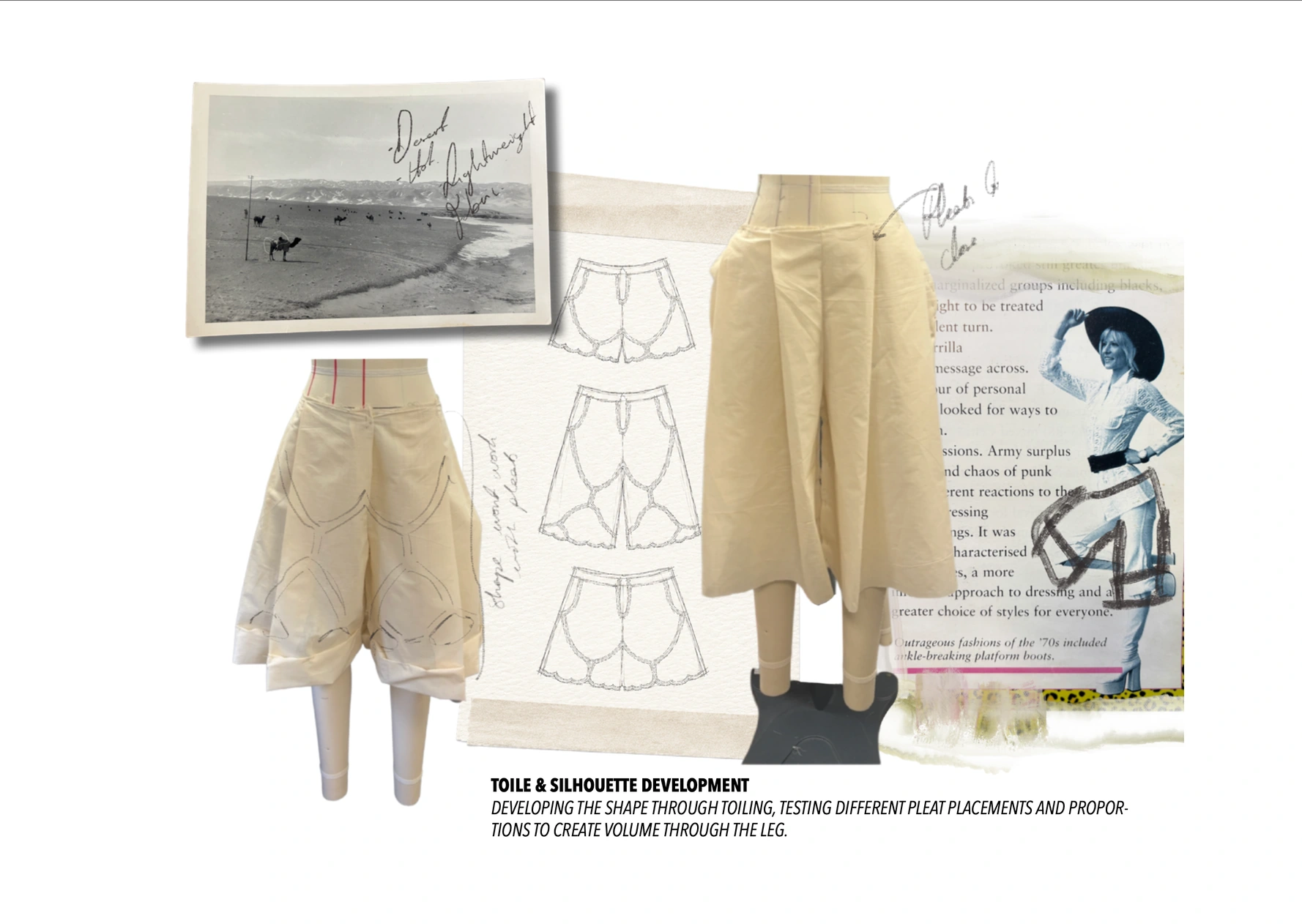 Shorts and culotte toiles exploring pleat placement, scalloped shapes and volume through the leg