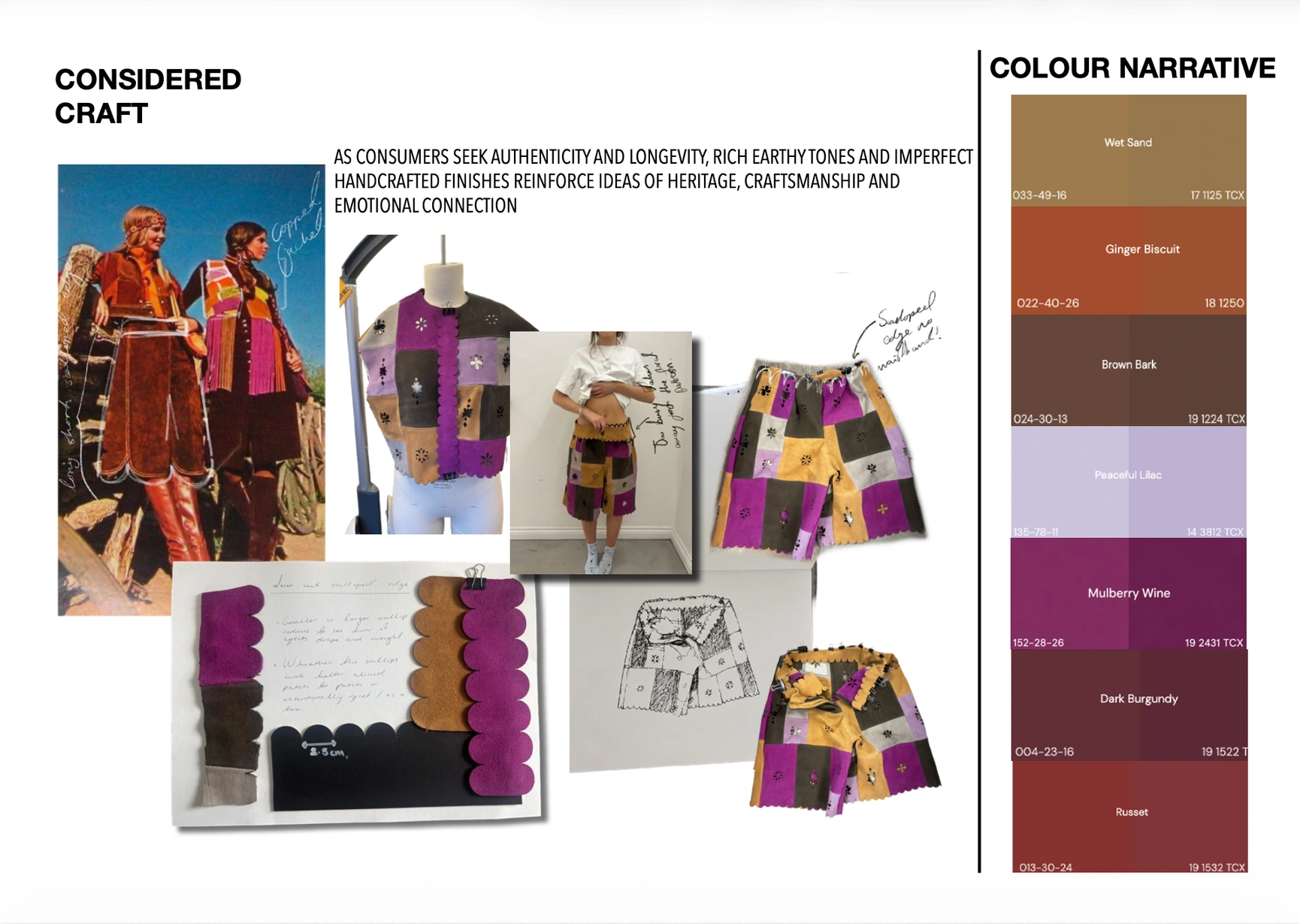Craft and colour board with suede fittings, scalloped edge experiments and a palette of earthy browns, lilac and burgundy