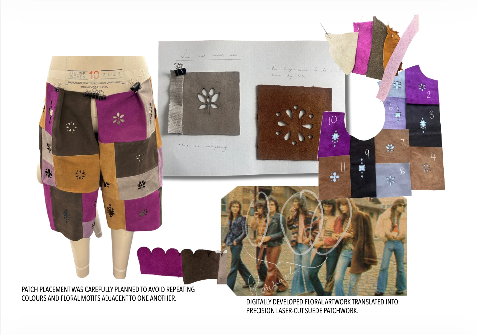 Suede patchwork shorts development showing flower motifs, scalloped edges, colour placement and vintage references