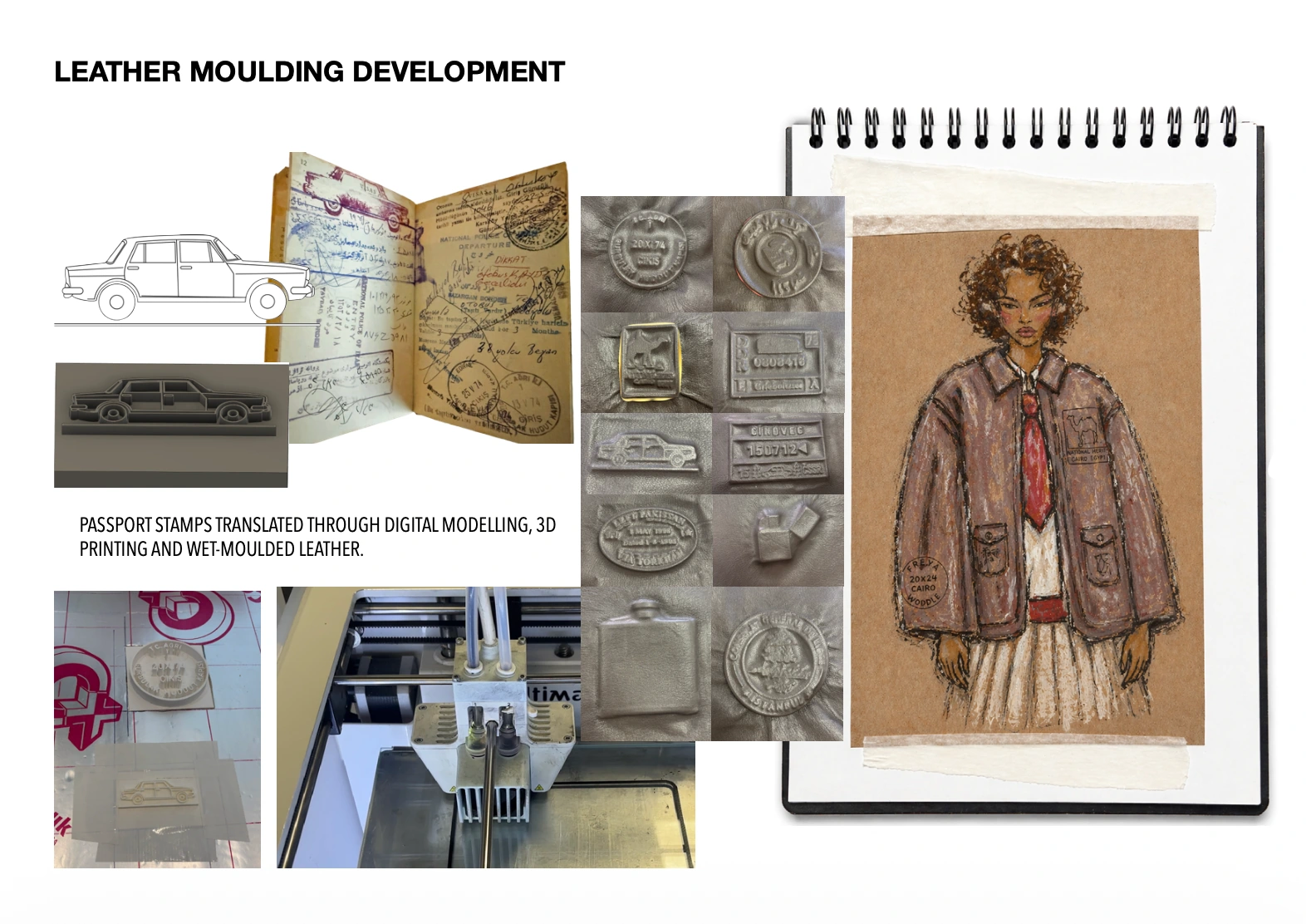 Leather moulding development — passport stamp research, moulded samples, 3D printing and a jacket illustration