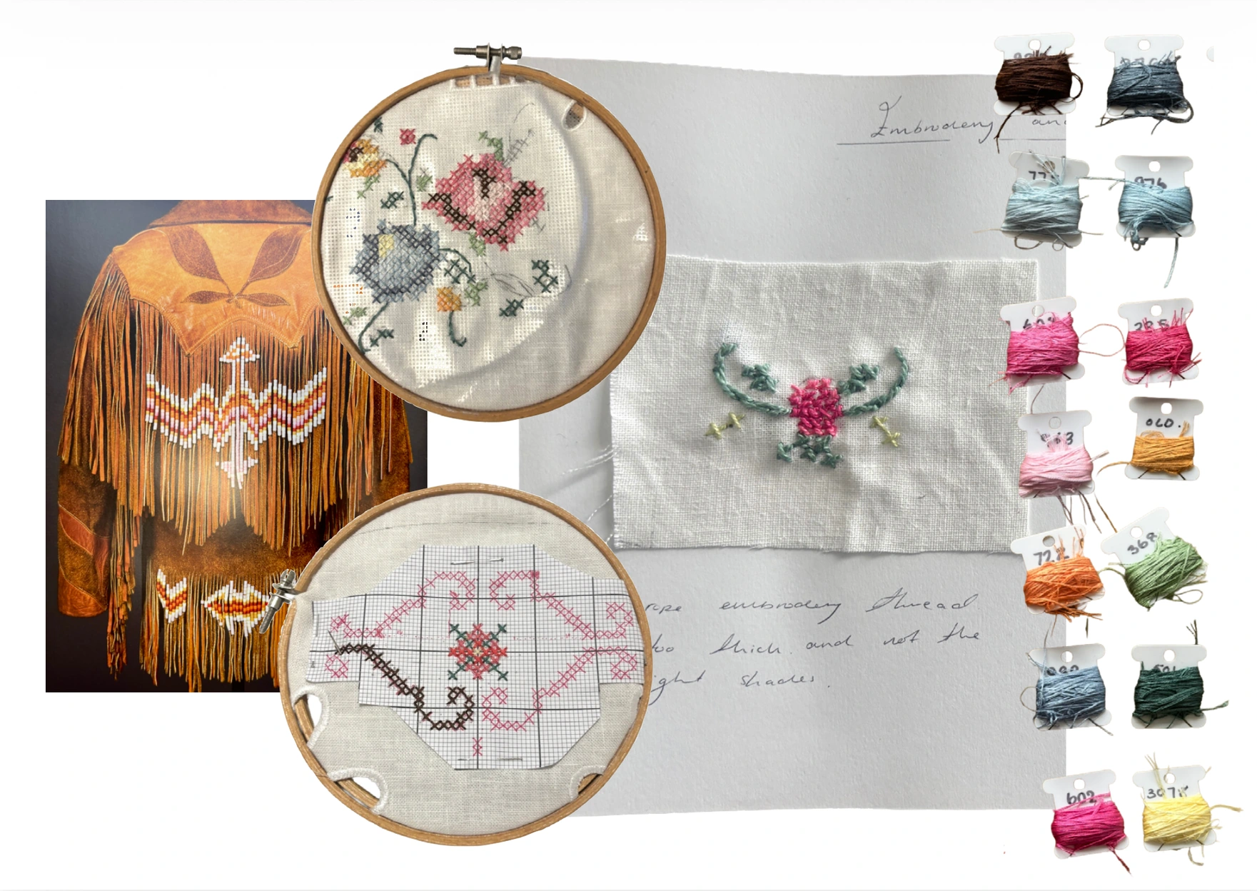 Floral embroidery development with cross-stitch charts, hand-stitched samples, coloured threads and a fringed vintage jacket
