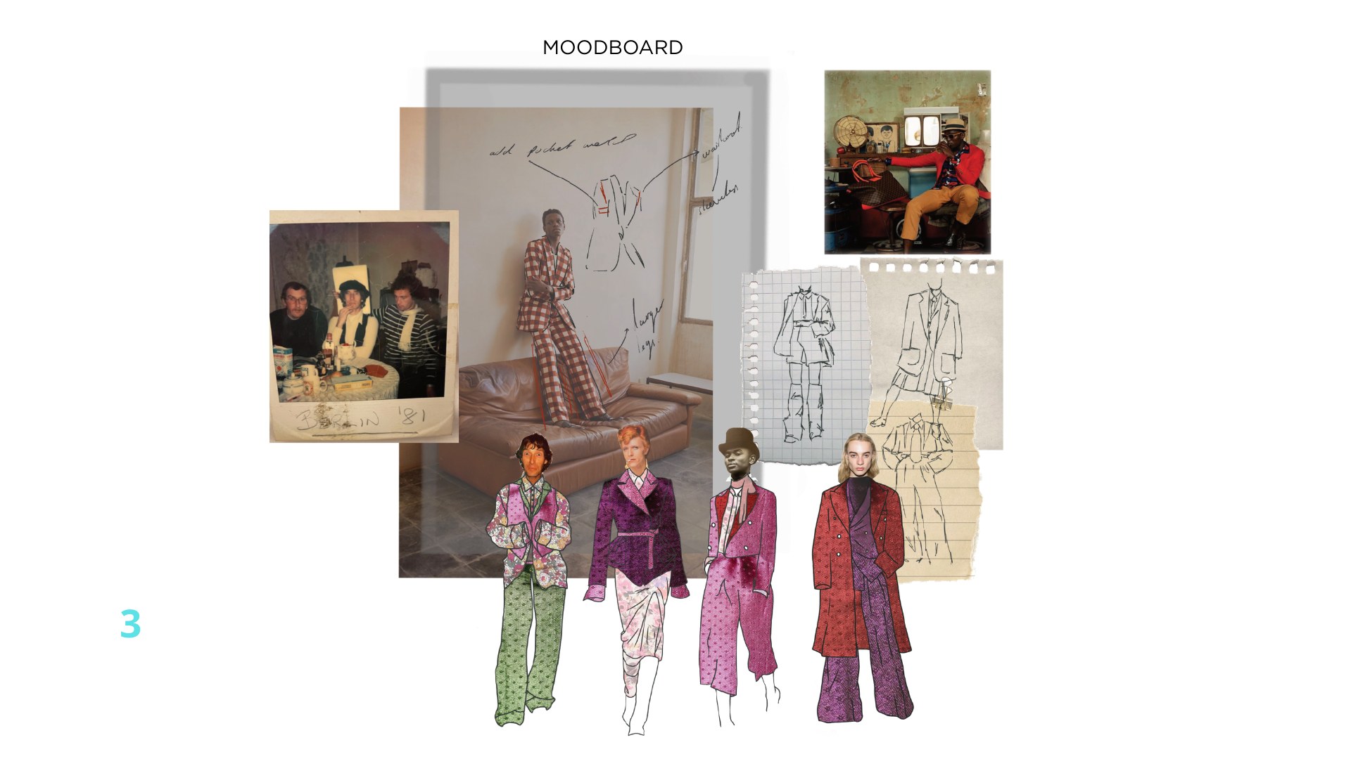 The Modern Dandy moodboard — references, sketches and fashion illustrations in pink and green