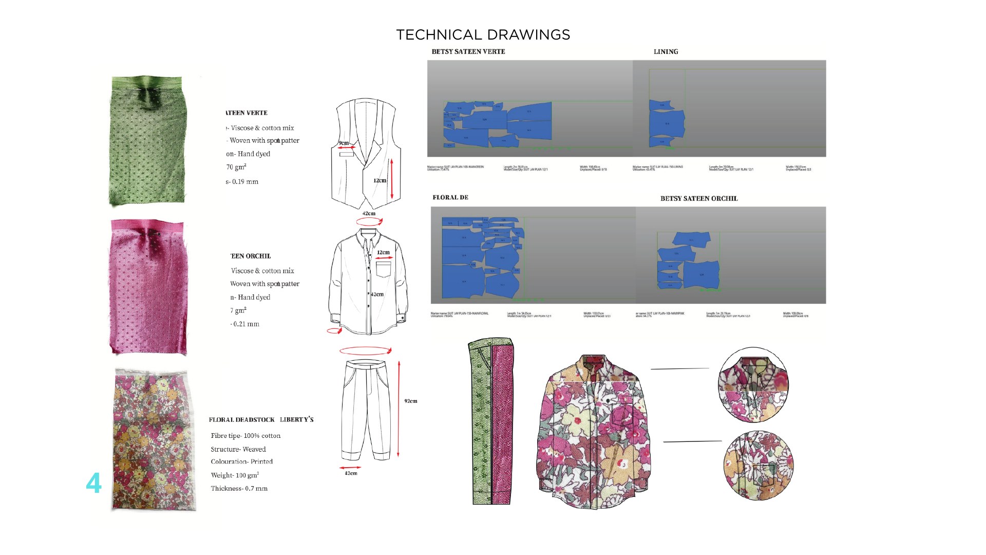 The Modern Dandy technical drawings — fabric swatches, flat drawings and Gerber pattern pieces for the suit and shirt