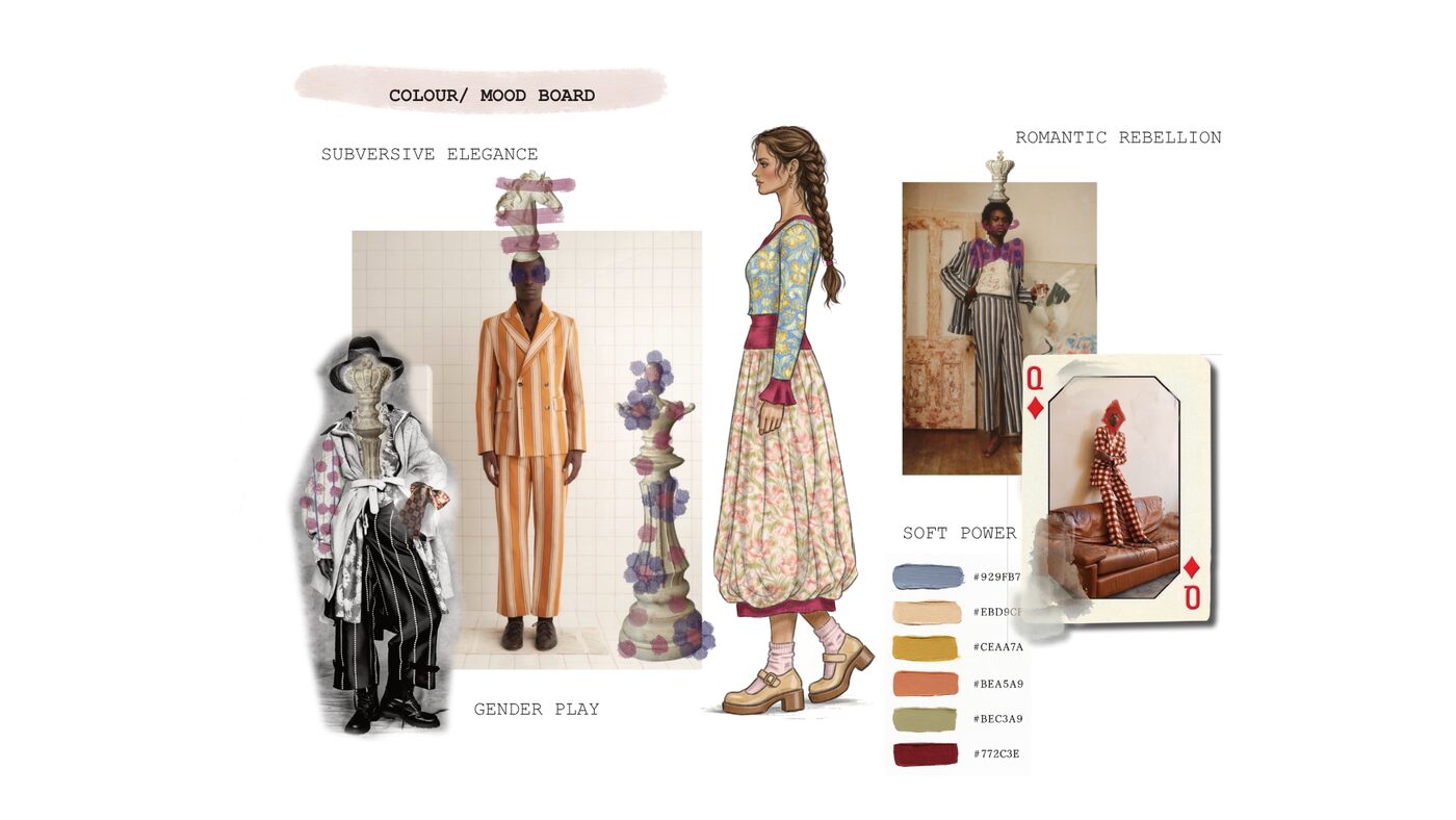 Colour and mood board — romantic rebellion, subversive elegance, soft power, gender play