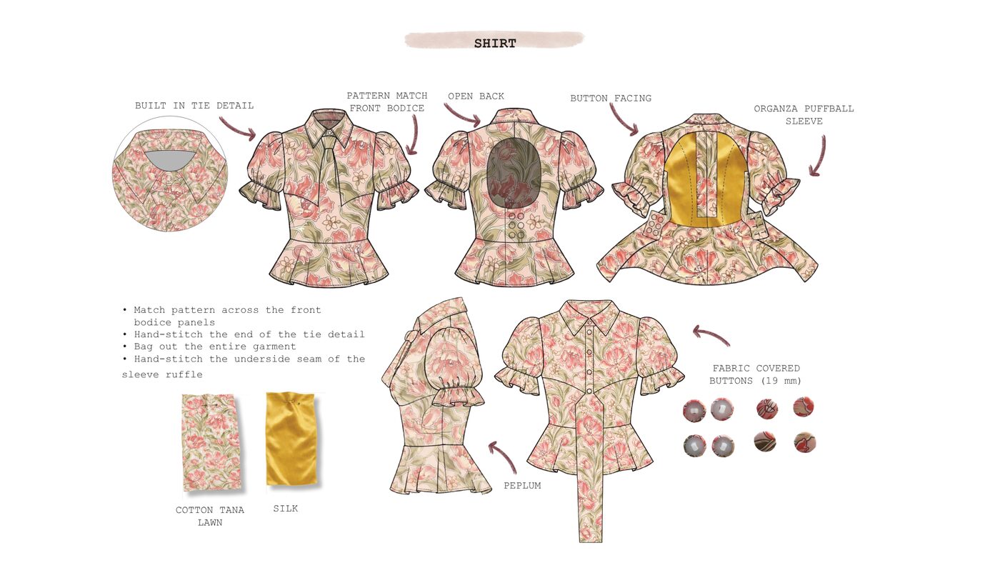 Shirt technical pack — pattern match, open back, organza puffball sleeve, covered buttons, cotton tana lawn