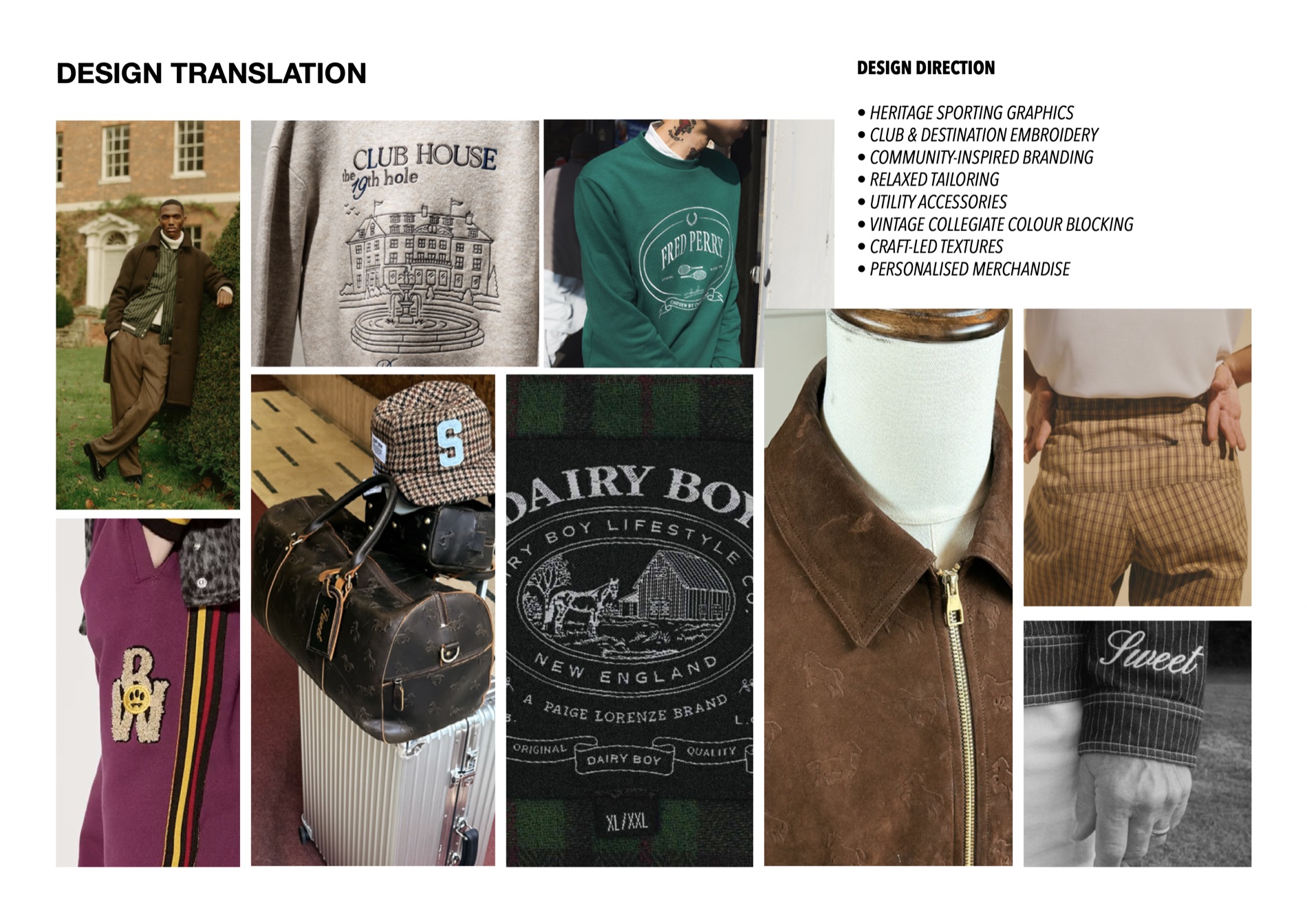 Design translation — heritage sporting graphics, club embroidery and relaxed tailoring