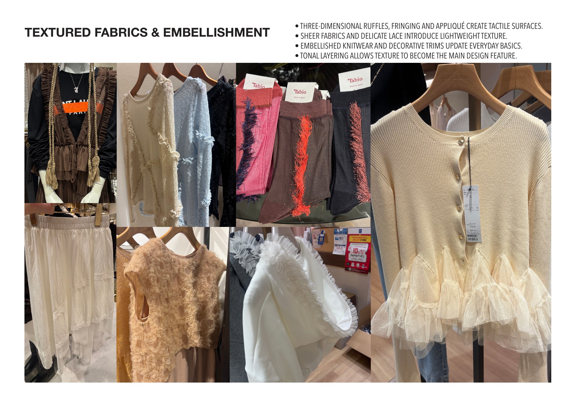 Textured fabrics, ruffles, fringing and embellishment in Tokyo retail