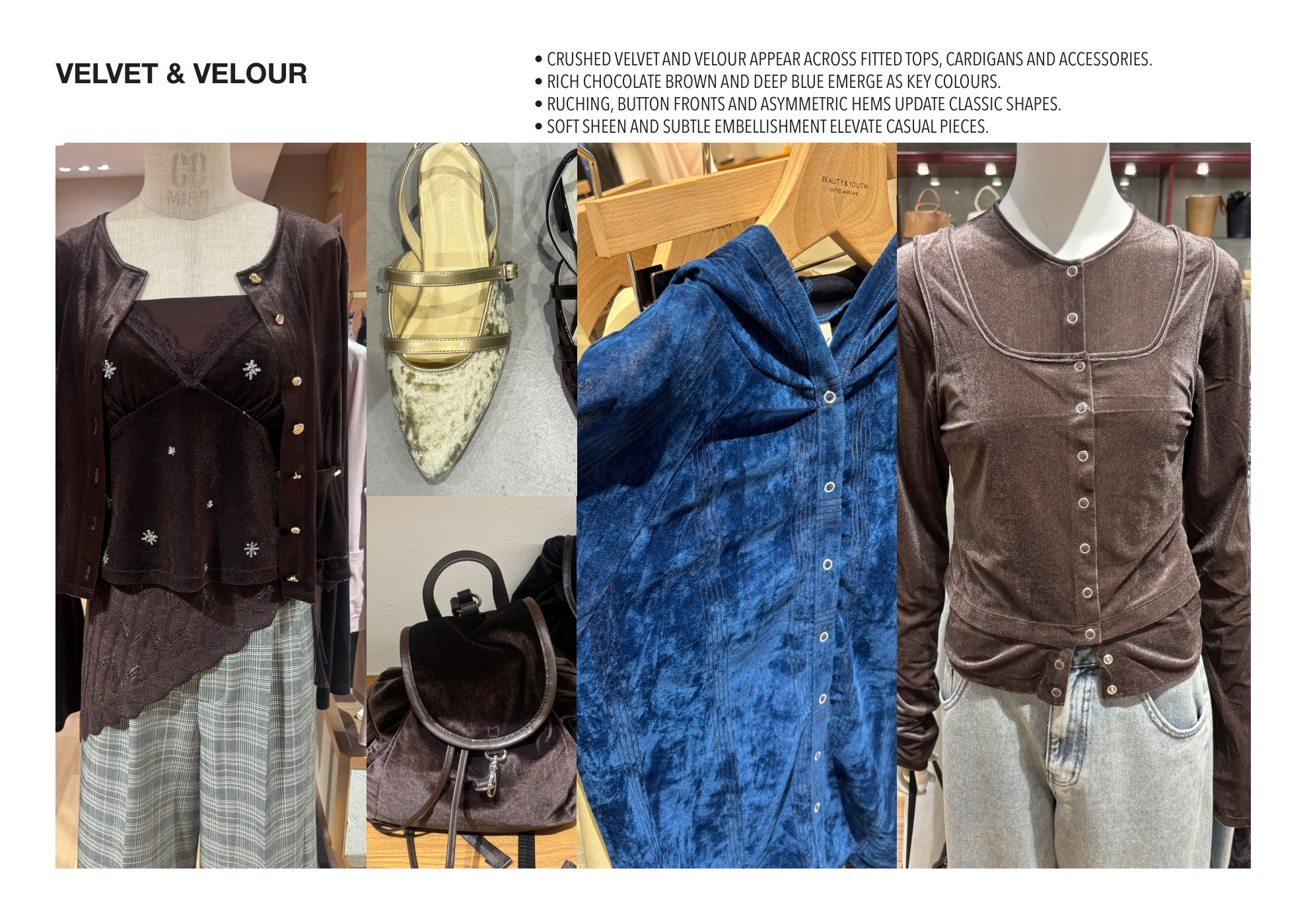 Velvet and velour tops, cardigans and accessories observed in Tokyo