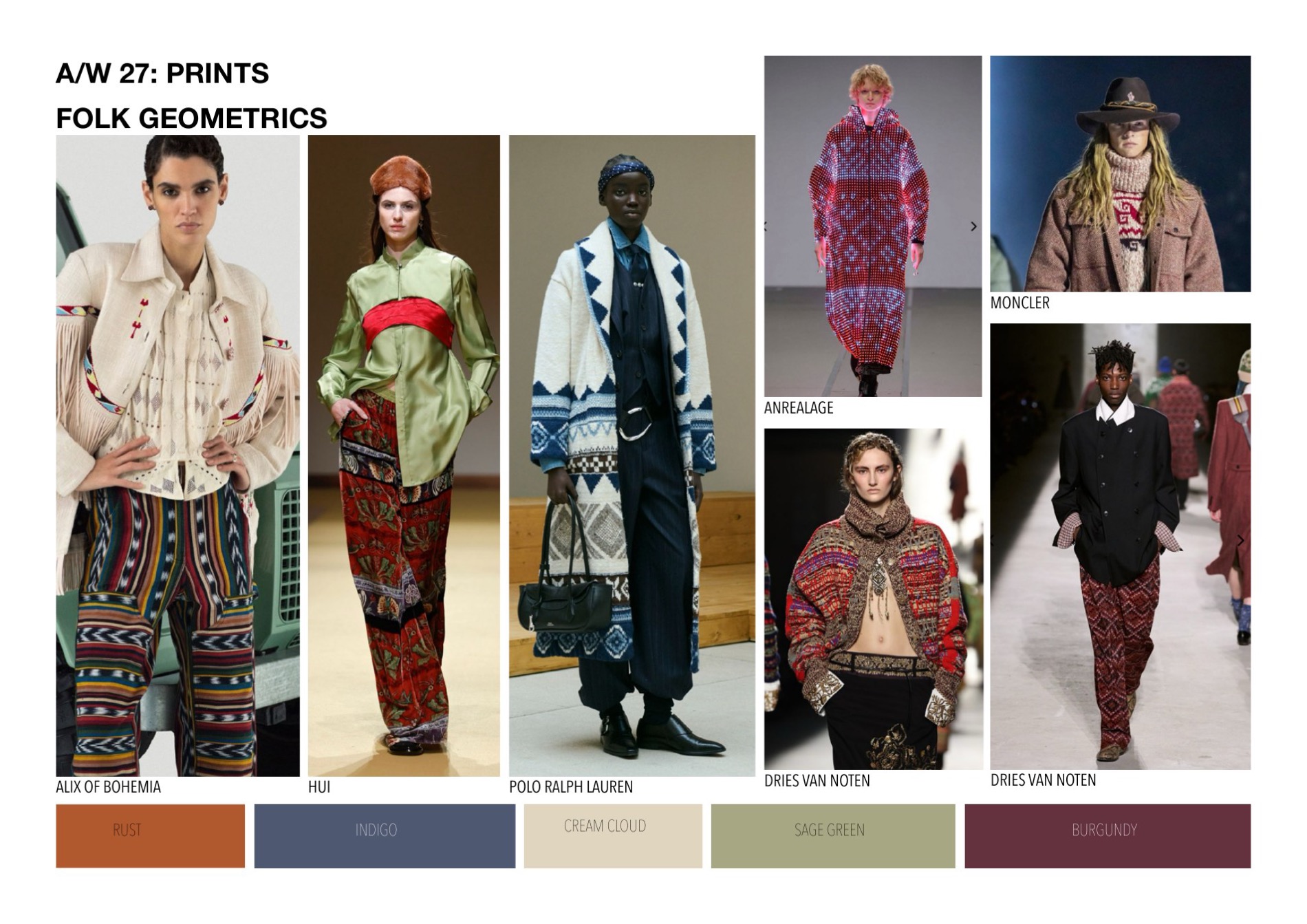 Folk geometric print direction, with colour references