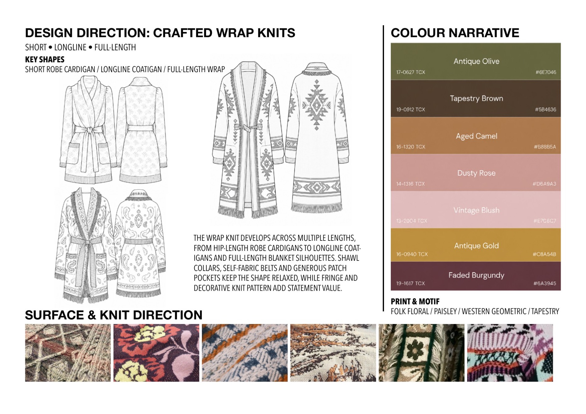 Design direction — crafted wrap knit shapes, colour narrative and surface direction