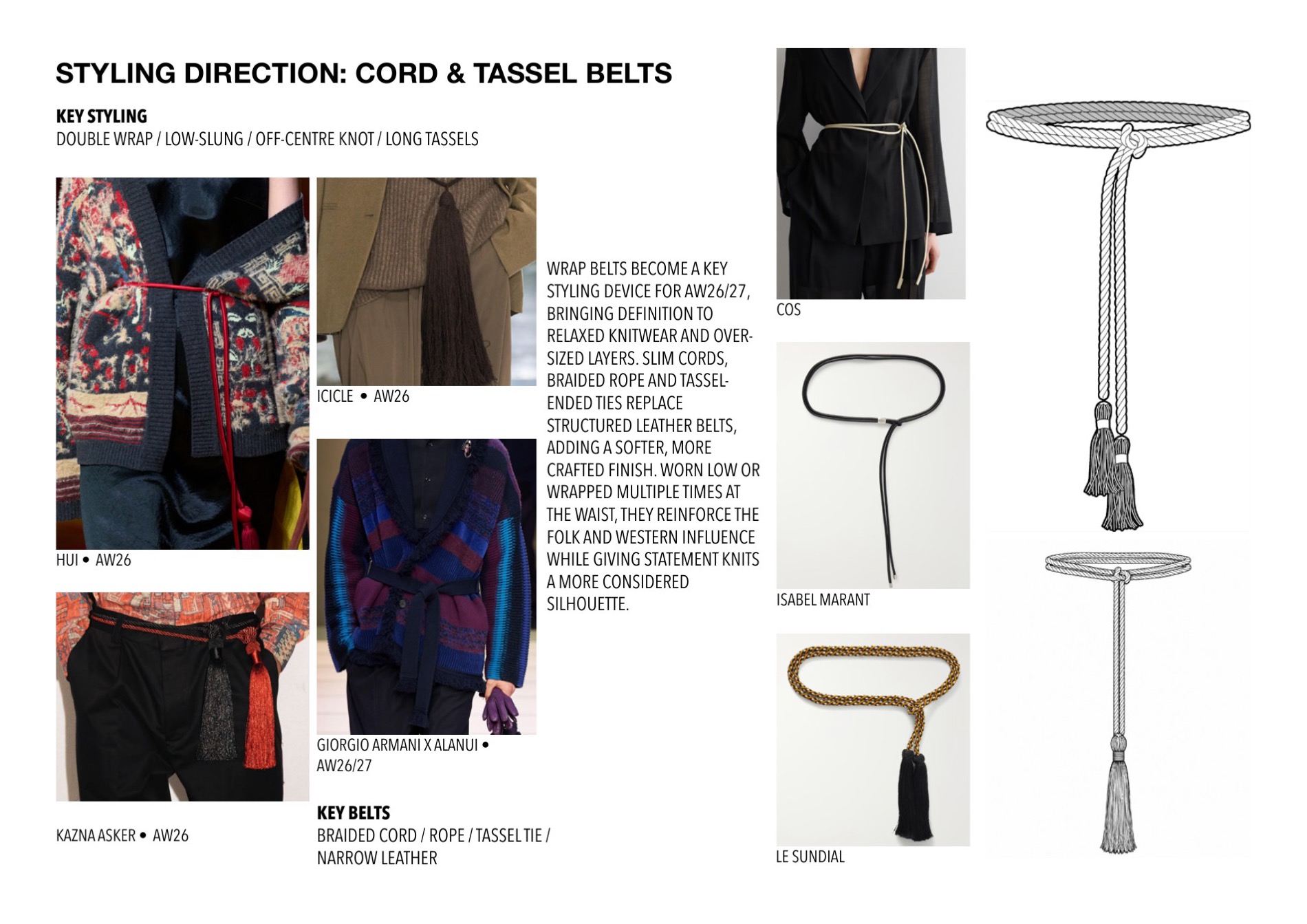 Styling direction — cord and tassel belts as a key styling device