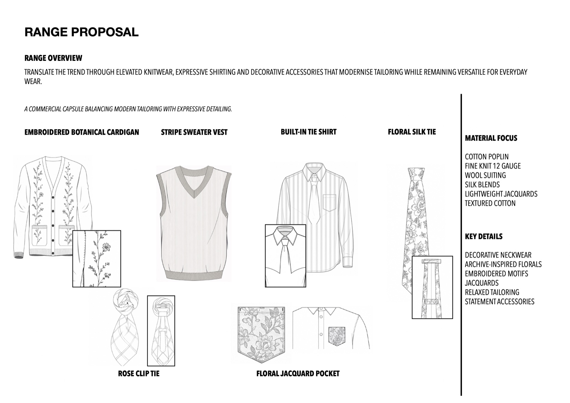 Range proposal — a commercial capsule balancing modern tailoring with expressive detailing